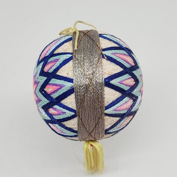 Handmade Japanese Temari Embroidered Ball With Geometric Patterns Pink Purple - Picture 4 of 6